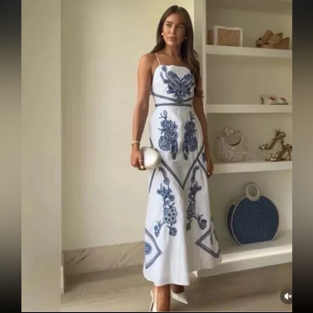 Zara White and Blue Midi Dress